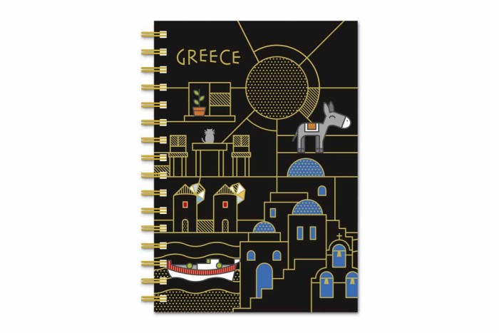 Black Hardbound notebook with traditional greek island landscape