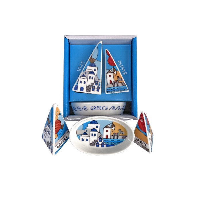 Ceramic Salt & Pepper set with traditional Greek siland landscape